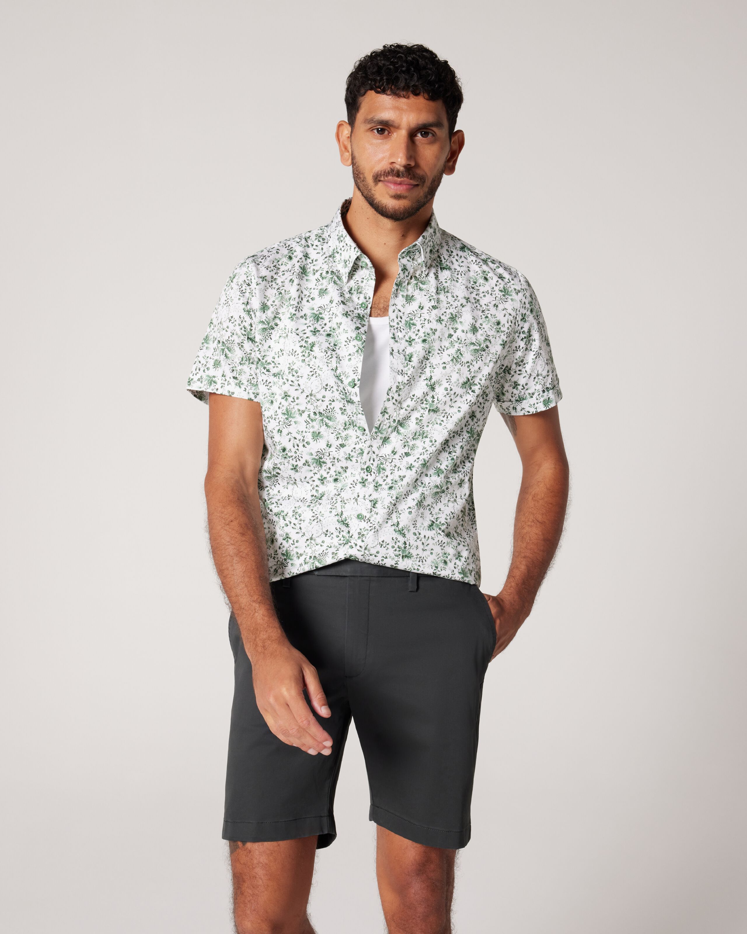Slim Fit Short Sleeve Floral Shirt White Green Shirts Politix